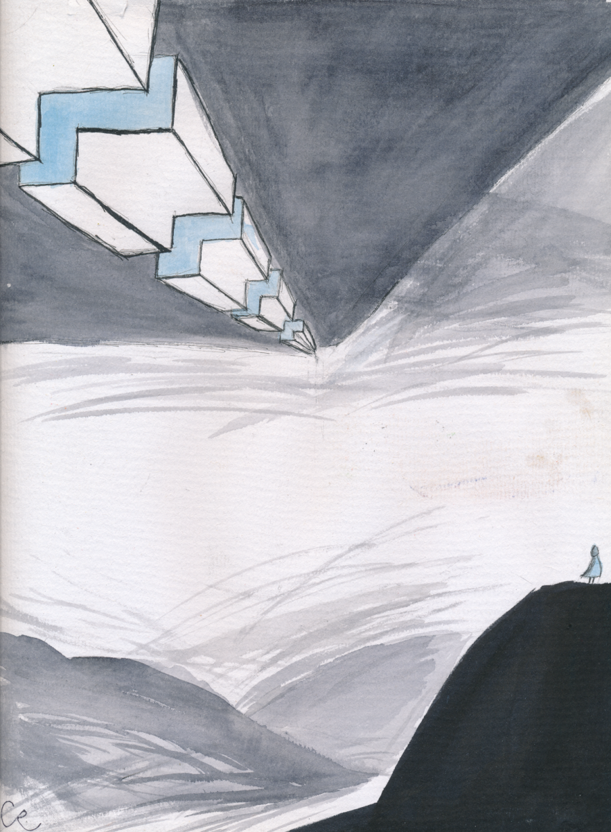 It stretches over the hills, hanging from the ceiling far above. Occasionally, a pulse of blue runs along the line, and once, only once, I saw something like a rail car riding the underside. It moved fast, too fast, but I swear I saw someone in the windows, looking down.