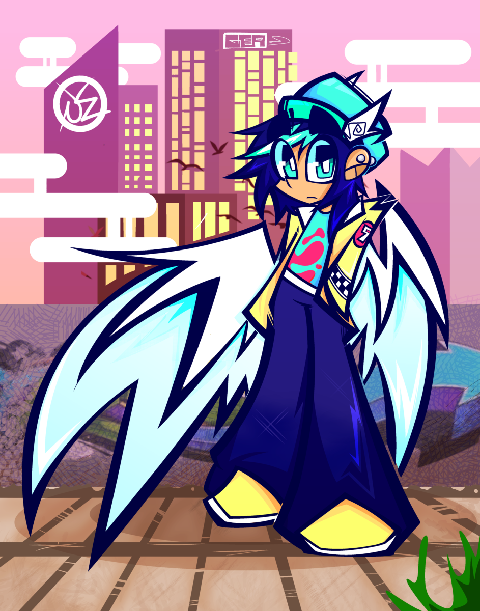 A young man with large angel wings stands in front of a city landscape