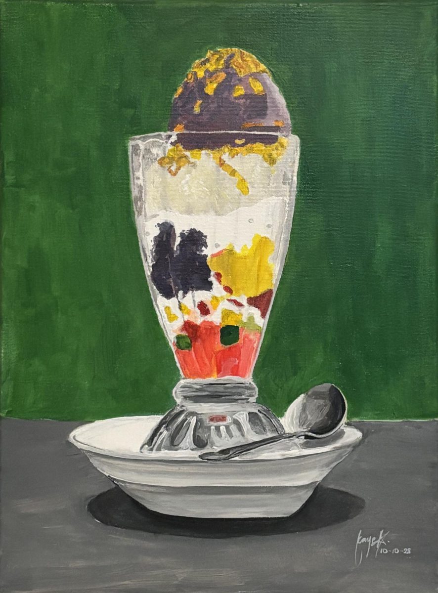 This painting captures the vibrant layers of Halo-Halo, a beloved Filipino dessert. Using acrylic paint, I highlighted the mix of colors and textures—crushed ice, sweet beans, nata de coco, leche flan, and ube ice cream on top. The contrast between the dessert and the background makes it stand out, celebrating the richness of Filipino culture in a single glass.