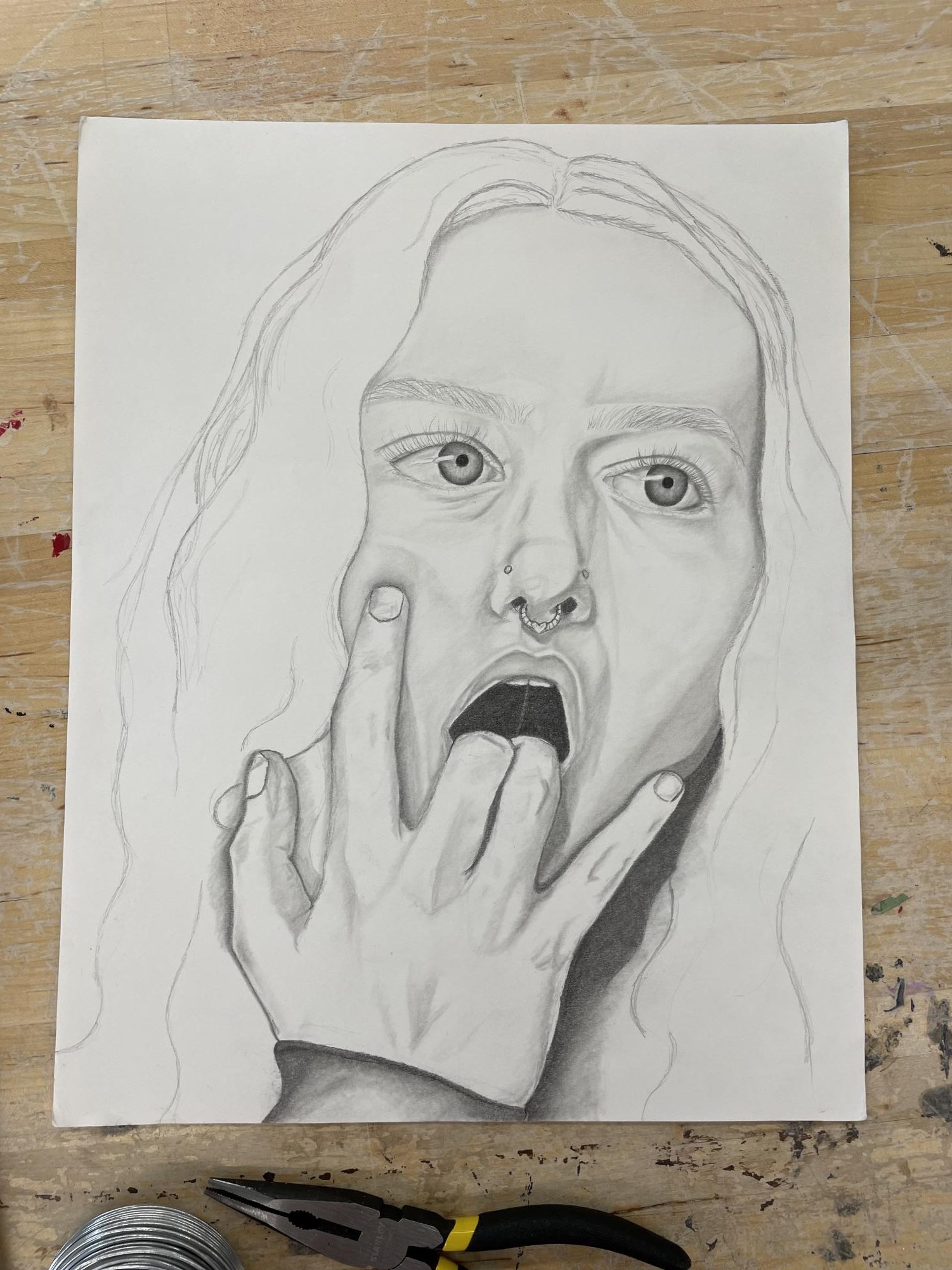 This is a pencil drawing of myself. This drawing is about the things you keep hidden inside of you. The things that have molded you into the person you are today, even though you want to forget them. Both good and bad.