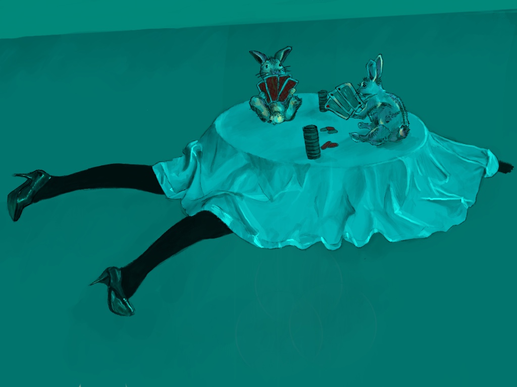 In this piece, I've portrayed a woman lying on the floor, bearing the weight of life's challenges, while above her, two rabbits engage in a whimsical and mysterious gambling game. This tableau explores the theme of hidden burdens and the unseen struggles that many individuals face. It was originally conceived for a picture book I'm crafting for my sister, as a testament to the complex nature of our existence. In this artwork, by inviting viewers to ponder the mysterious layers of human experience, I aim to create a sense of wonder and contemplation.
