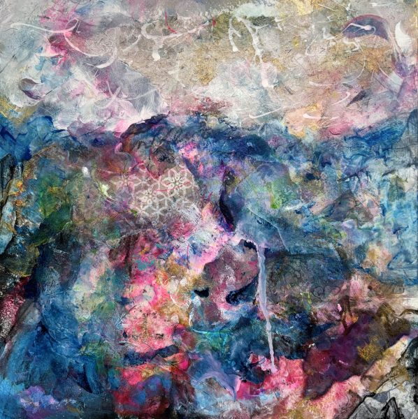 Mixed media on paper, 10 x 10". This piece was created while our neighborhood was evacuated due to wild fires in Chino Hills, CA, a suburb of Los Angeles. It provided me great relief from the fear that the fires would spread.