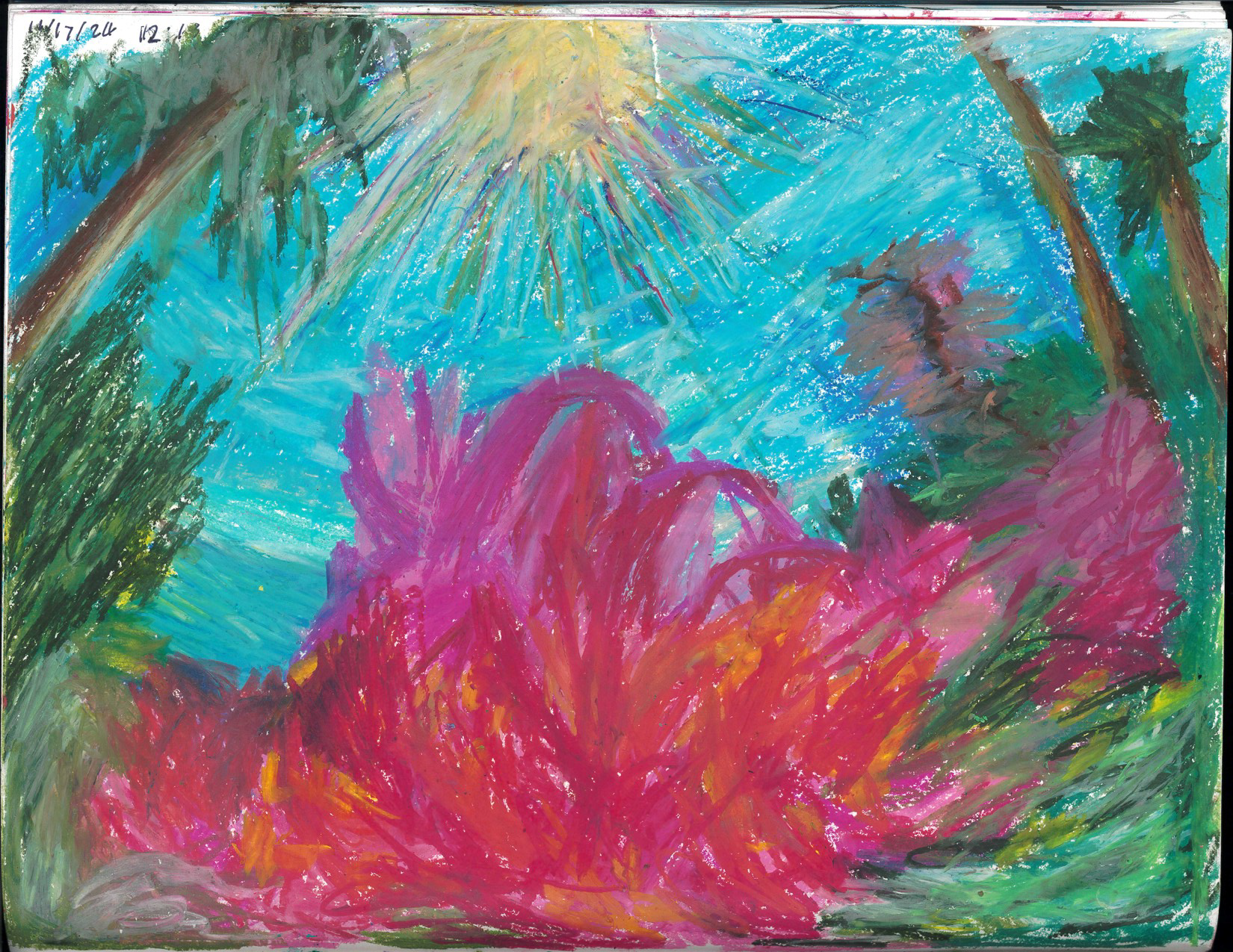 Sketched with pencil, painted with oil pastels.